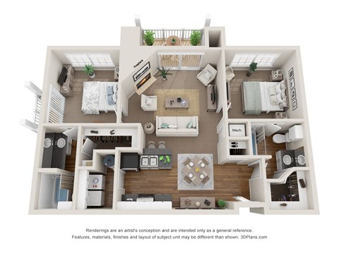 Floor plan for 2 beds, 2 baths, 1000 sqft